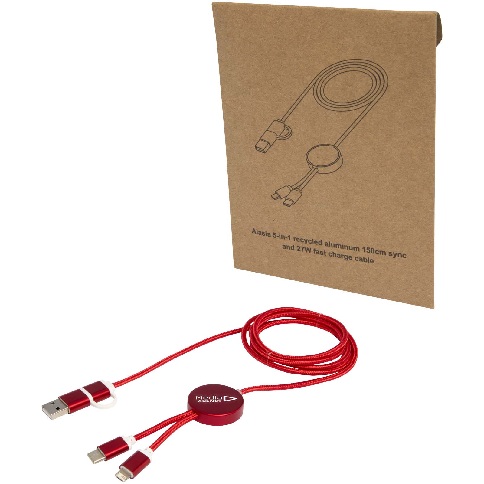 Cable de carga rápido y sincronización 5 en 1 Eco-Conect de aluminio y plástico reciclado - Pacs del Penedès bedrukken met logo