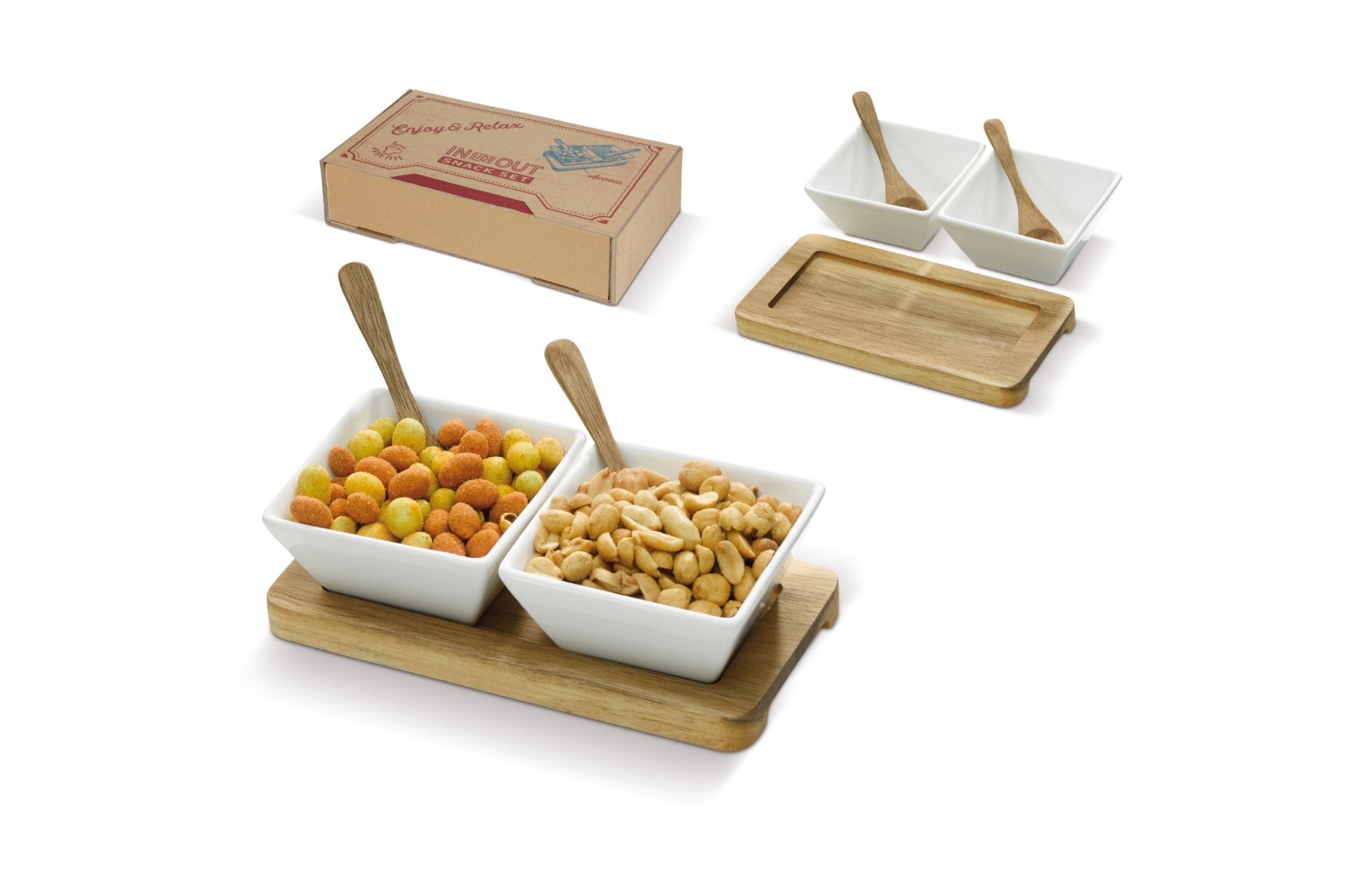 Juego de Tazones de Cerámica con Cucharas y Bandeja de Madera de Acacia - Toques