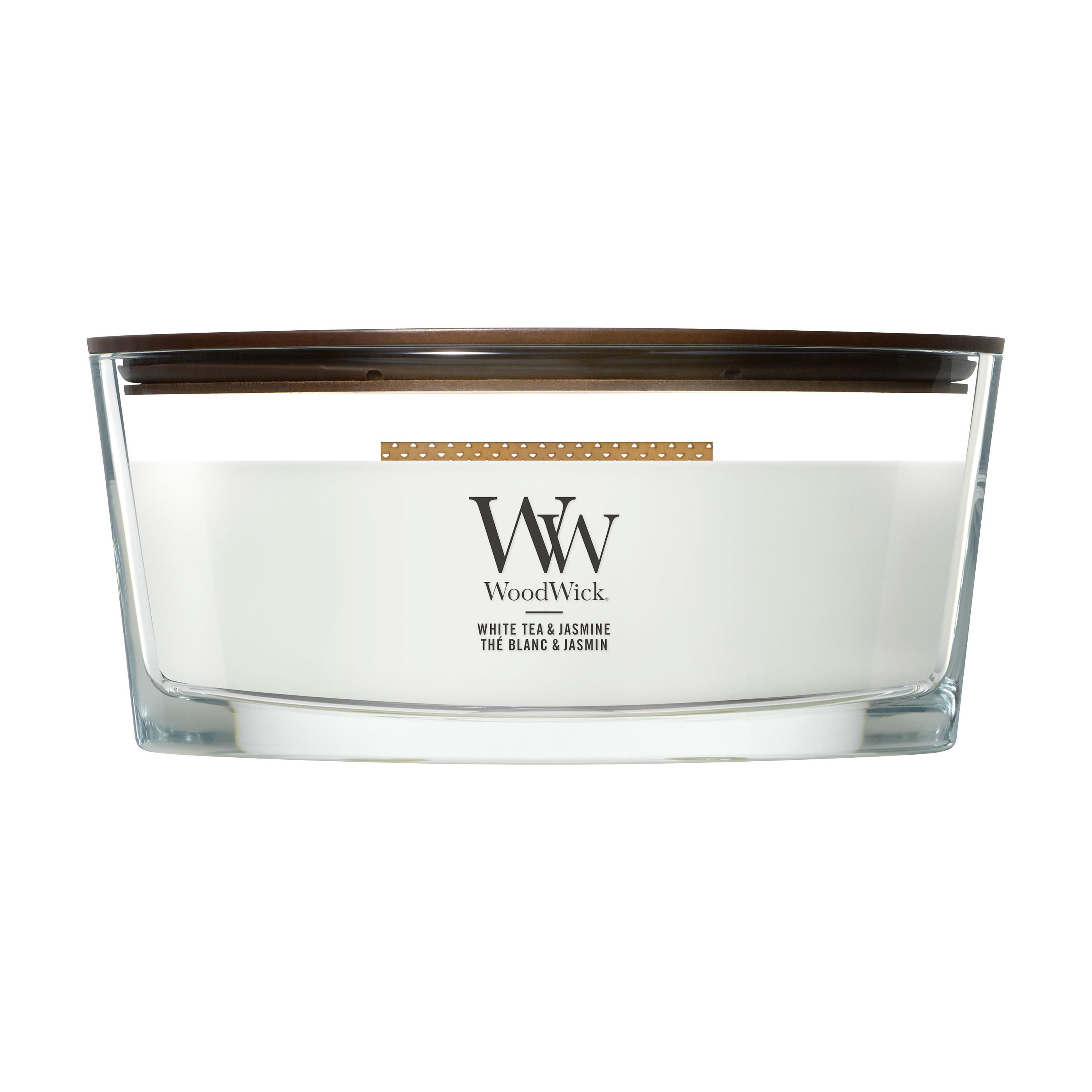 Vela aromática WoodWick Té Blanco y Jazmín Elipse
