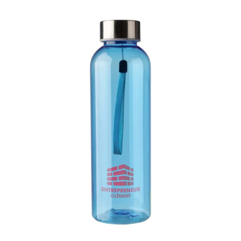 Botella de bebida de rPET (500ml) con tapa de acero inoxidable y cordón para la muñeca - Vilanova del Vallès impreso con logotipo
