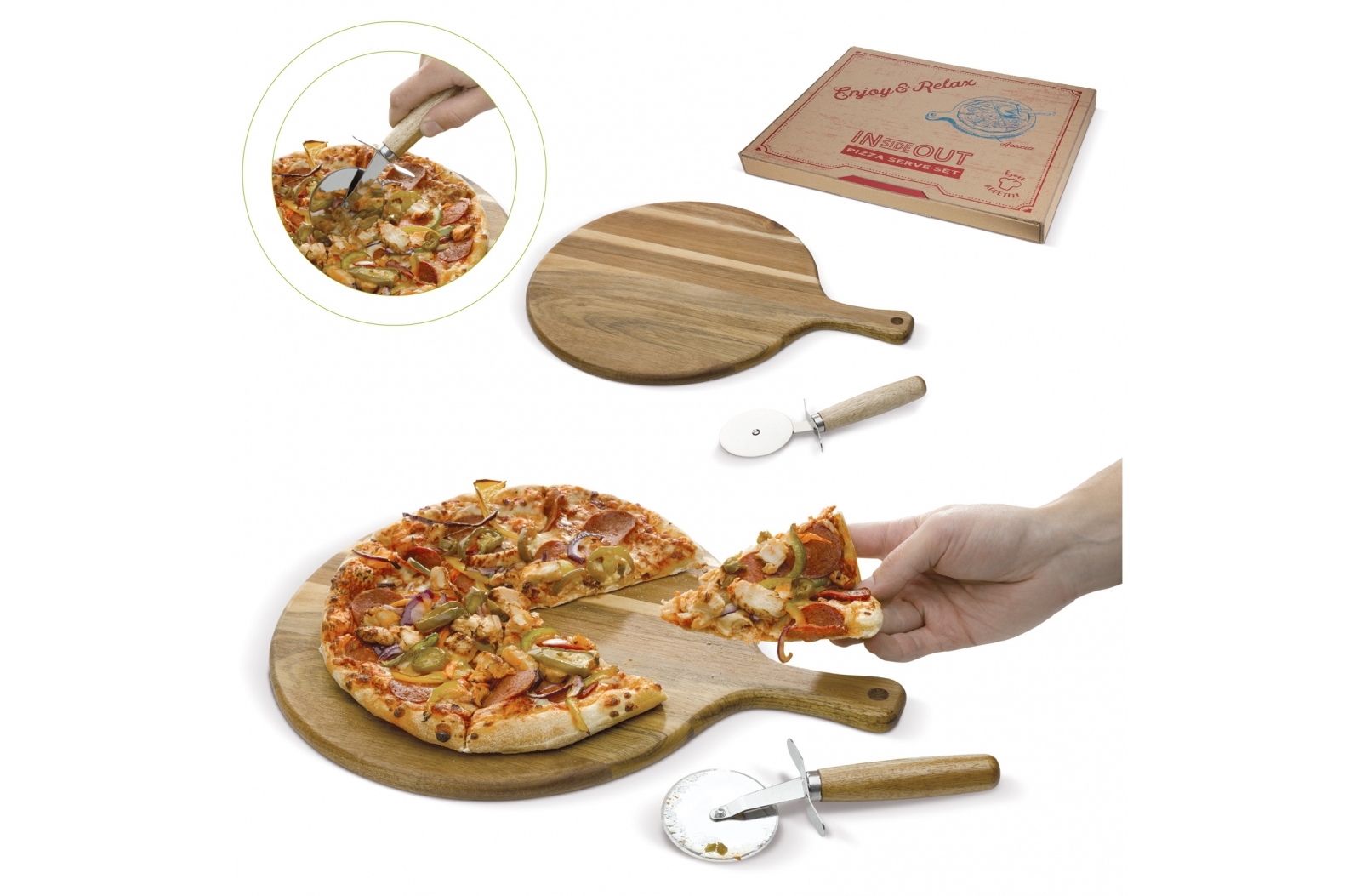 Tabla de Cortar para Pizza de Madera de Acacia con Rebanador - Puendeluna