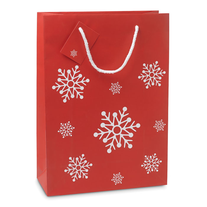 Elegante bolsa de papel para regalo grande con patrón de copos de nieve y etiqueta - Calpe