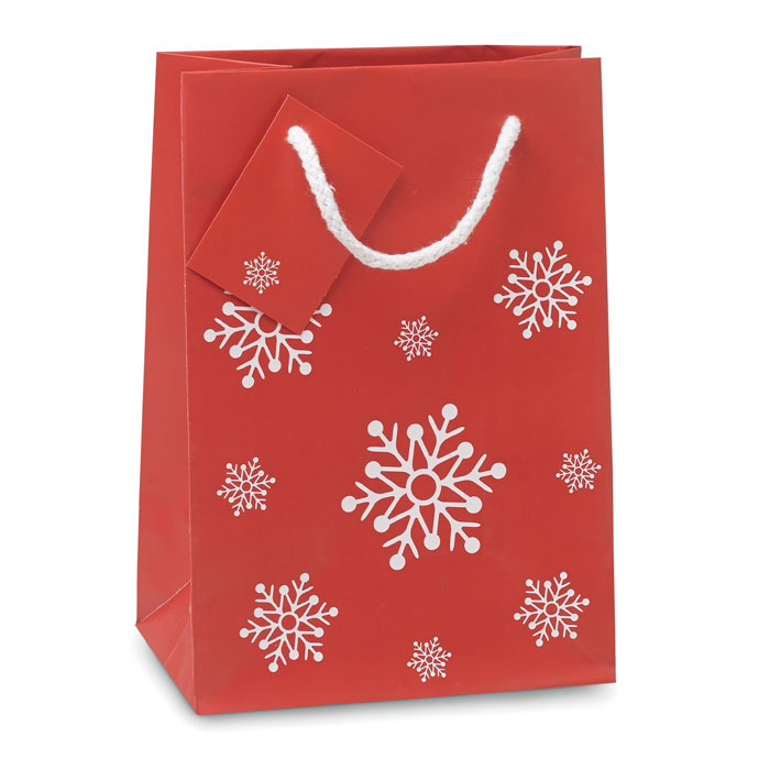 Elegante bolsa de papel para regalos con patrón de copos de nieve y etiqueta - Cartajima