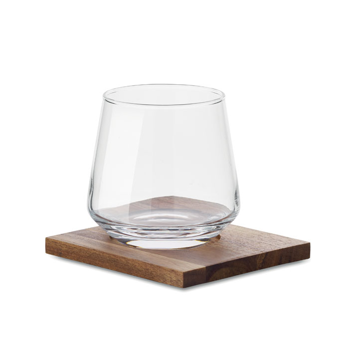 Conjunto de vasos de whisky con posavasos de madera de acacia - Muro de Aguas