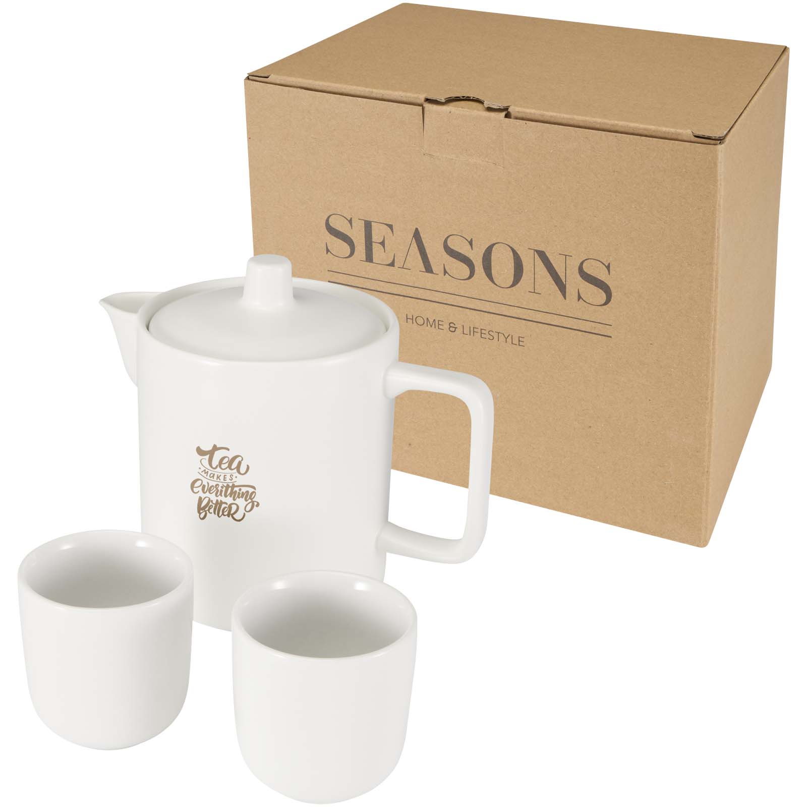 Juego de tetera y tazas Momento Compartido - Villabuena de Álava impreso con logotipo