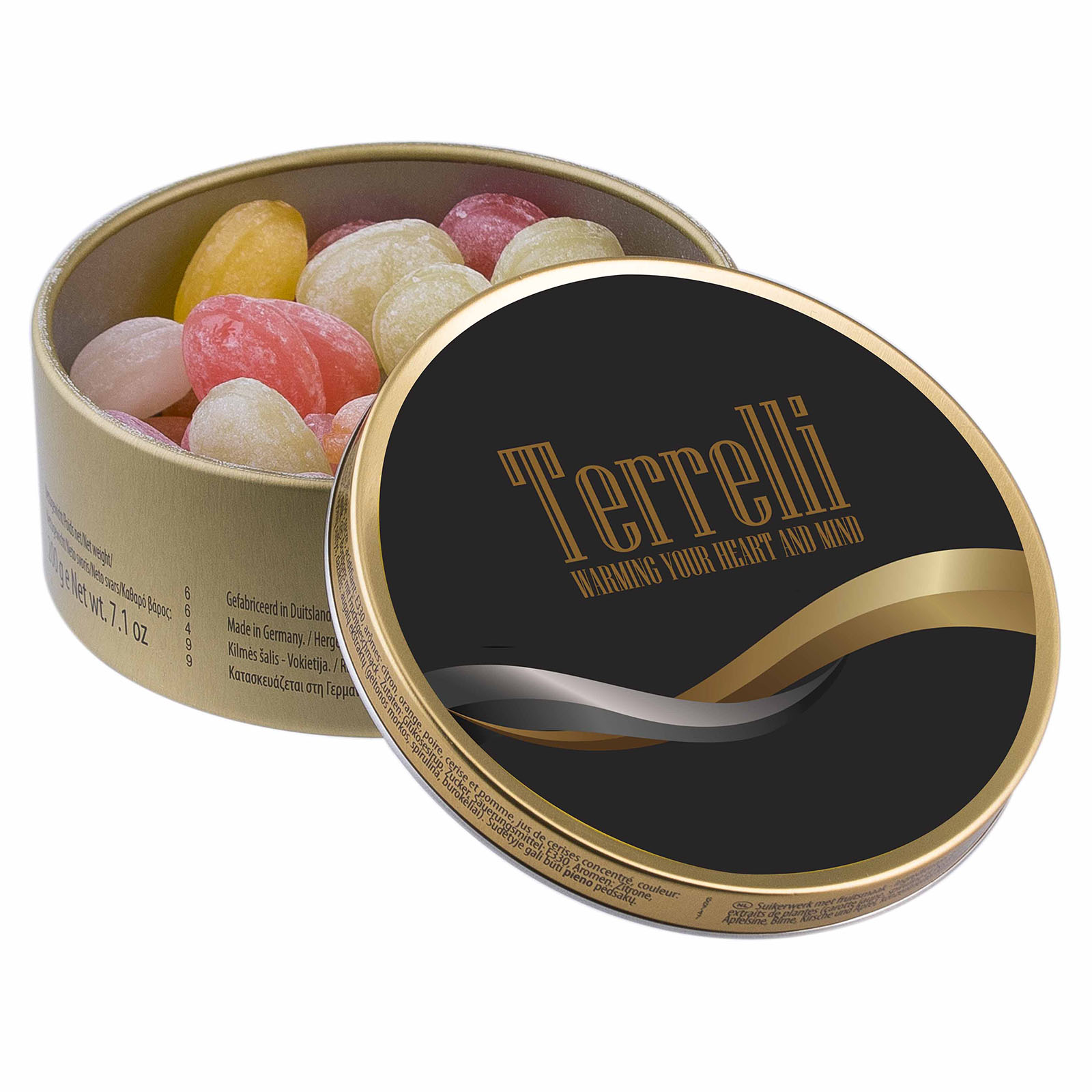 Lata redonda con pegatina a todo color y 200g de dulces de viaje - Hinton St Mary - Terrassa7