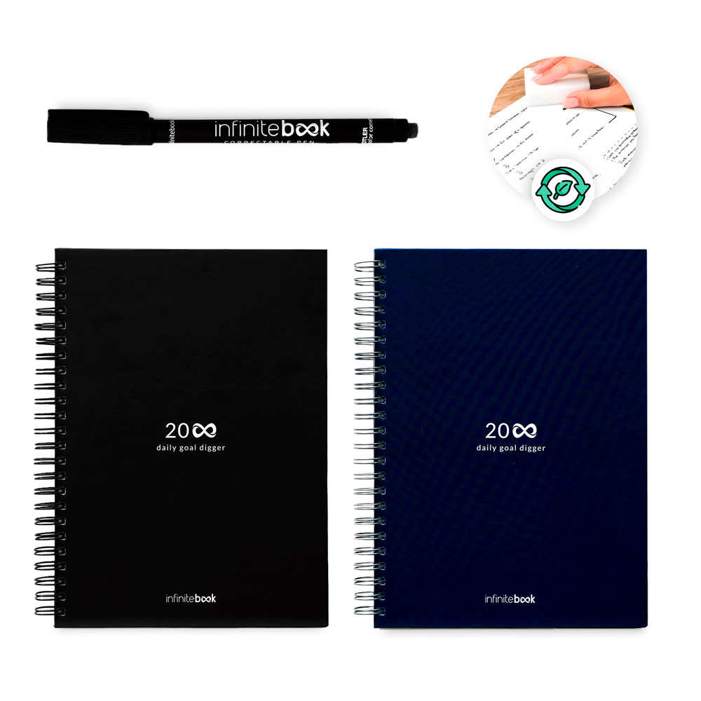 KIT DE INICIO INFINITE PLANNER A5. El conjunto incluye un 'diario infinito', un kit de limpieza, un marcador y un soporte para marcadores.