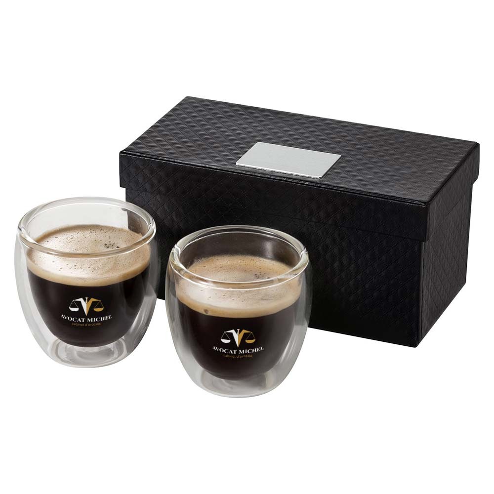 Juego de Vasos de Espresso de Doble Pared de Lujo con Caja de Regalo 70ml - Woodford - Bailén impreso con logotipo