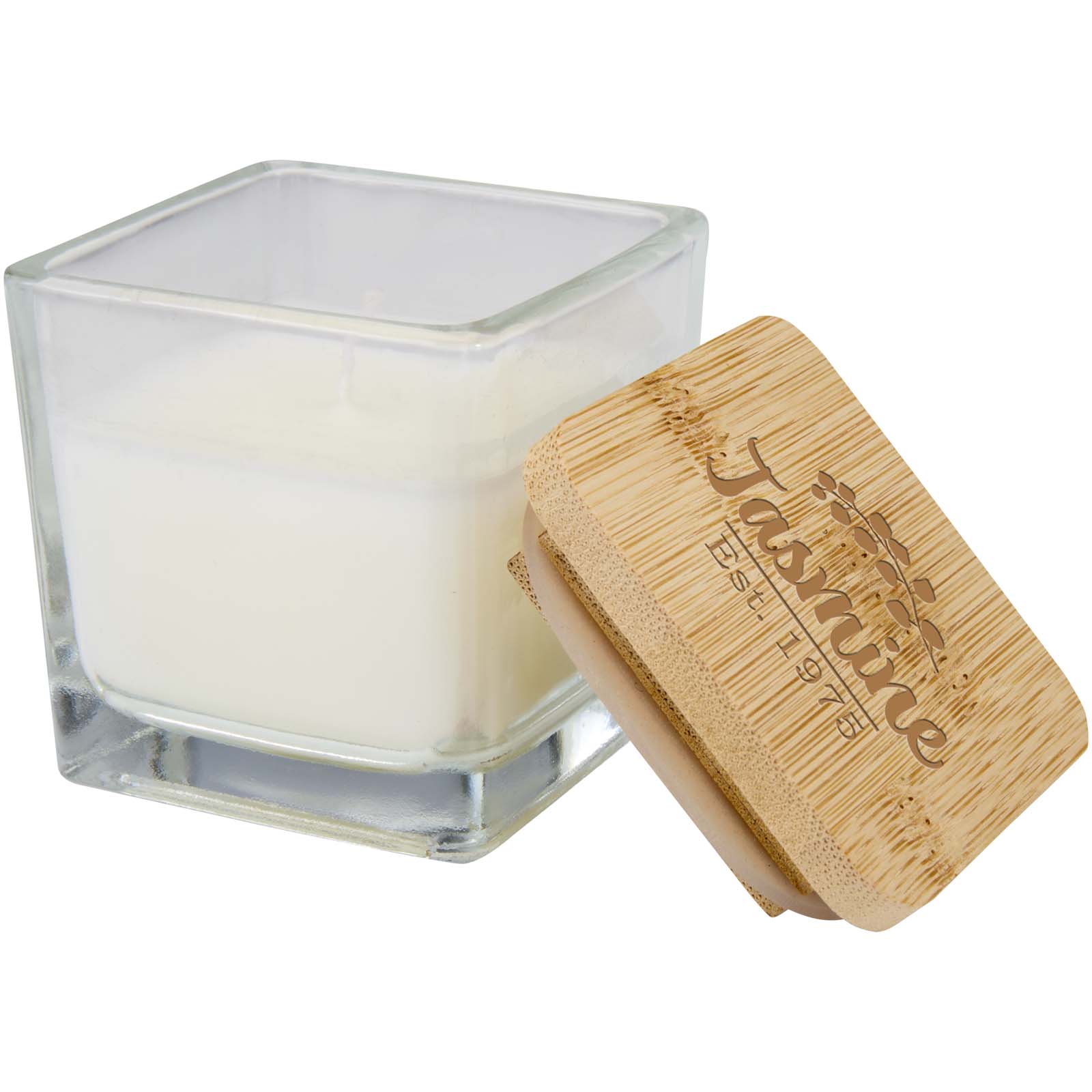 Vela de vidrio cuadrada Ambra con tapa de bambú
