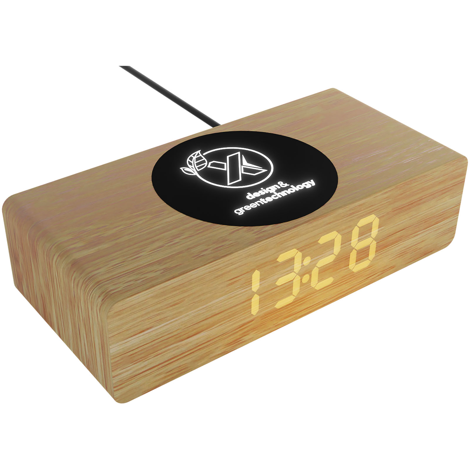 Estación de carga inalámbrica de madera de 10W con reloj, display de temperatura y logo luminoso - Benadalid
