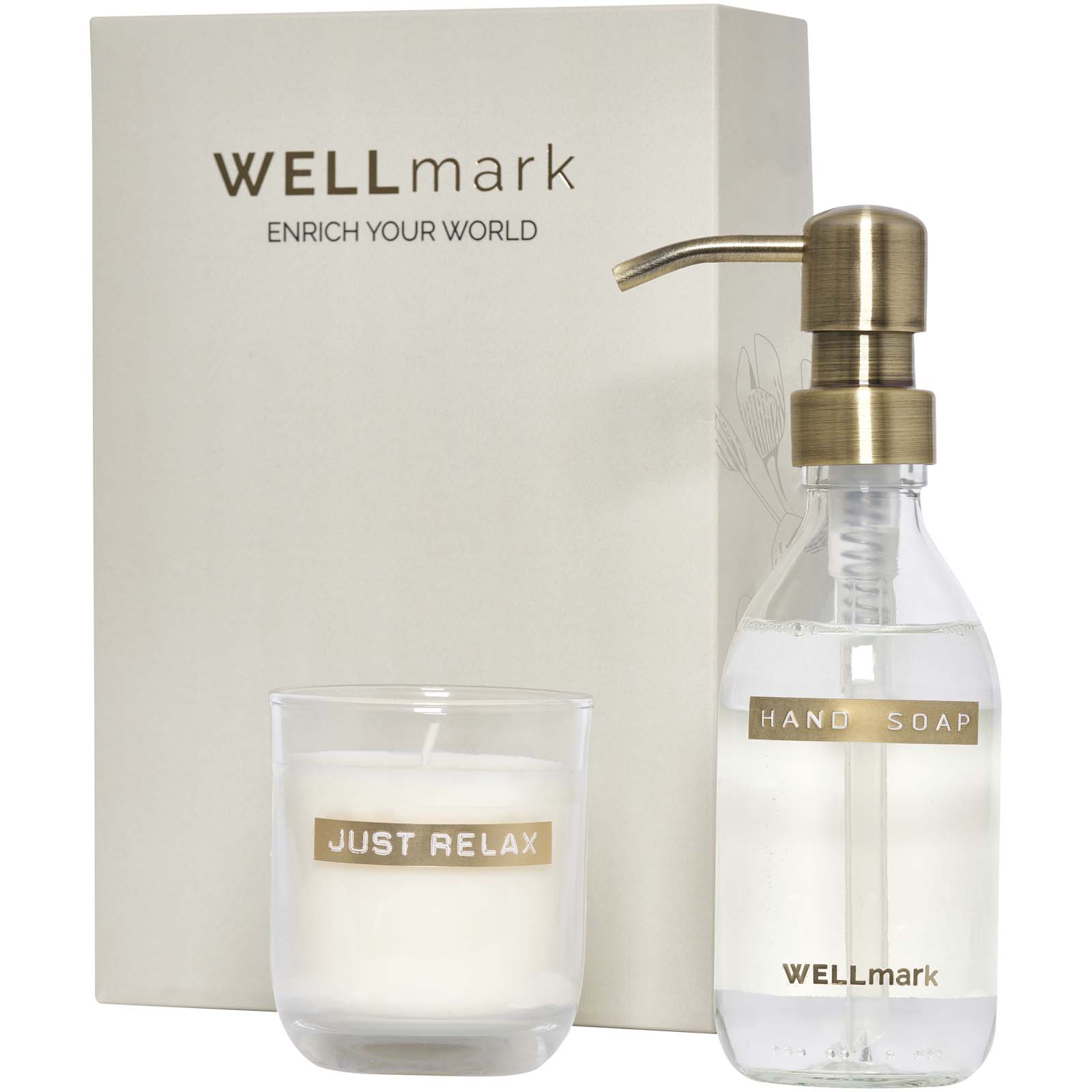 Set de descubrimiento Wellmark de dispensador de jabón de manos de 250 ml y vela perfumada de 150 g