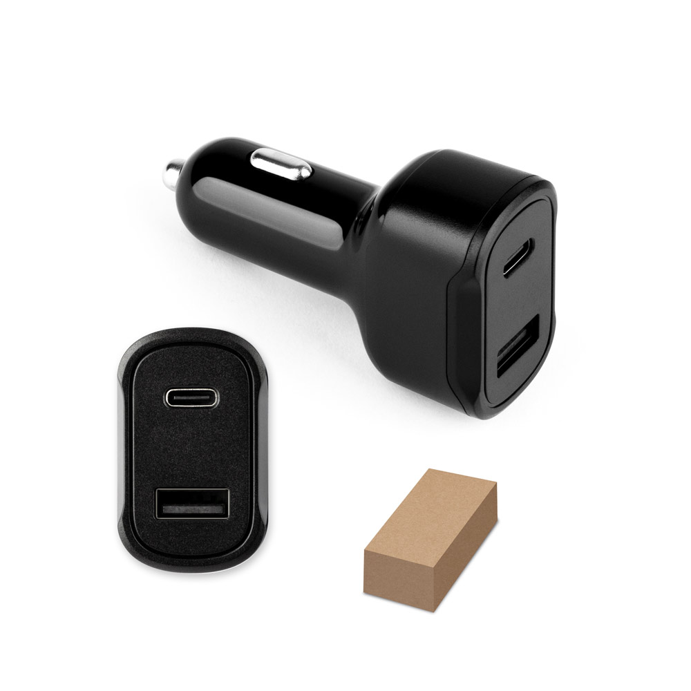 DIRAC. Adaptador de encendedor de cigarrillos con puerto USB-A 18W y USB-C 20W en 100% rABS