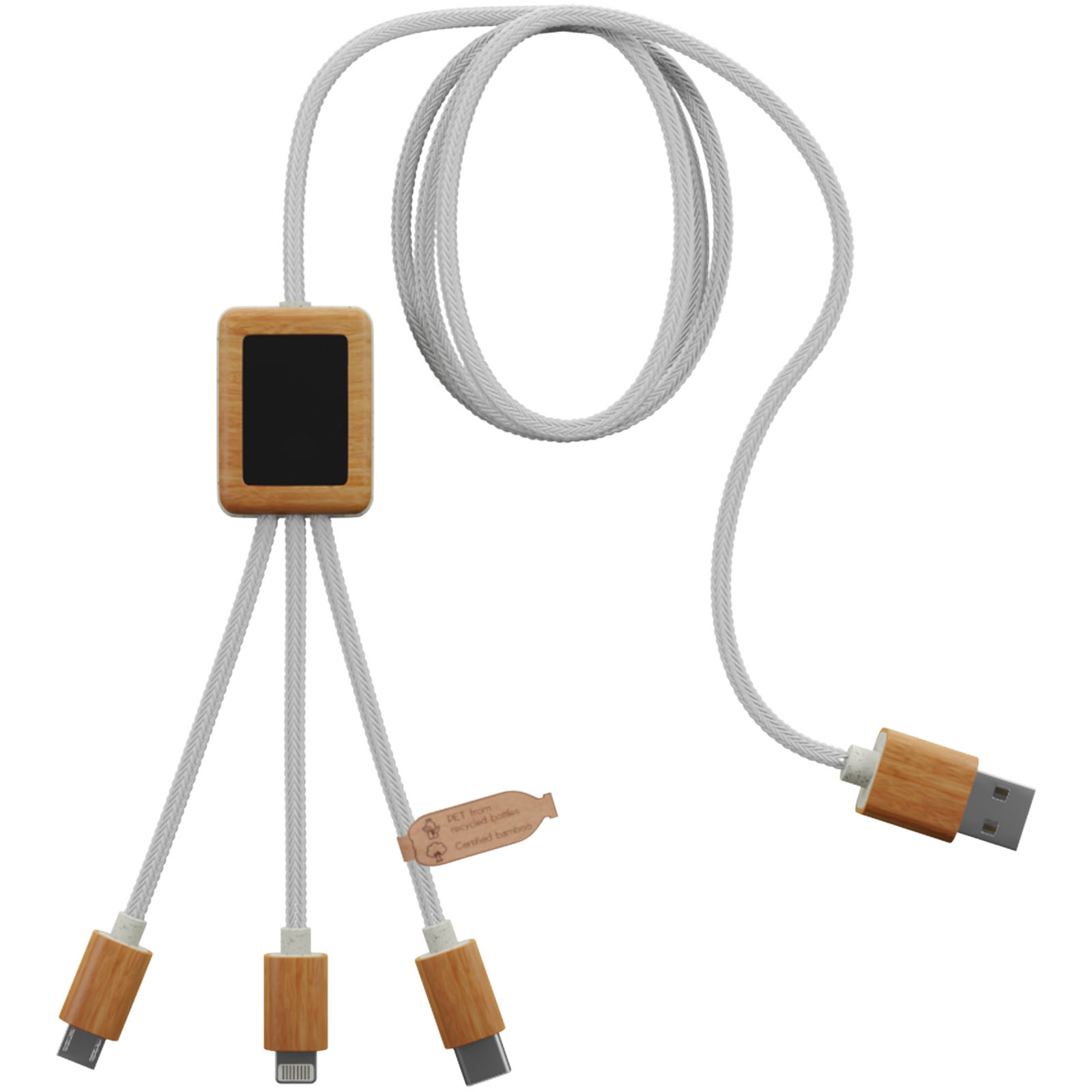 Cable de carga ecológico 3-en-1 con logo iluminado y funda de bambú - Rafal bedrukken met logo