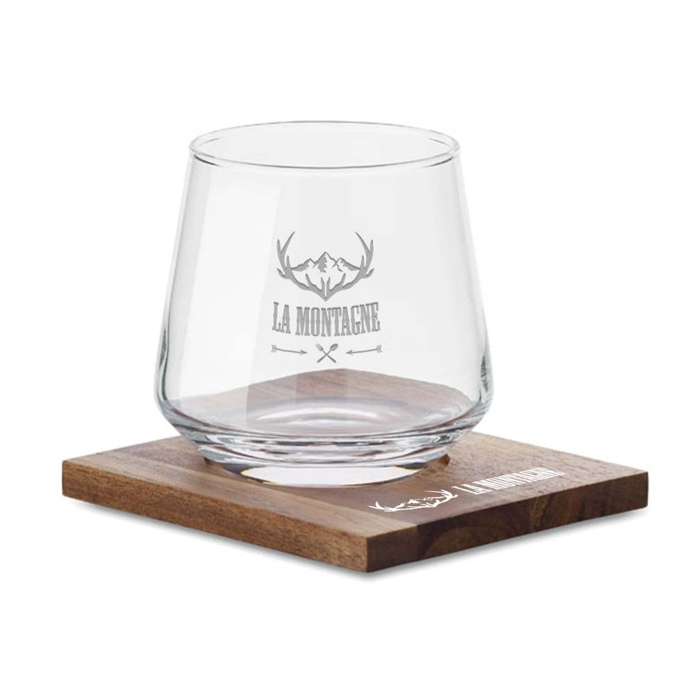 Conjunto de vasos de whisky con posavasos de madera de acacia - Muro de Aguas impreso con logotipo
