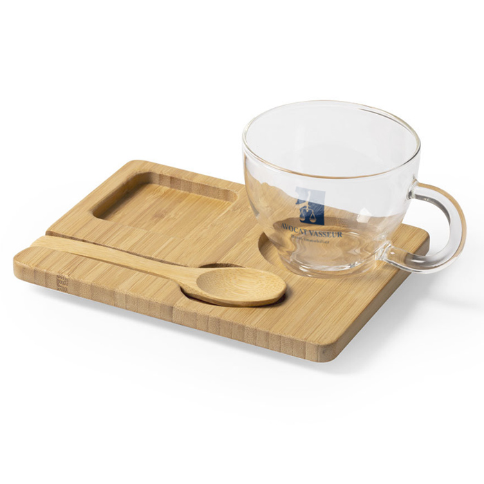 Set de tazas de vidrio de borosilicato Nature Line con base de bambú y cuchara - Cazorla