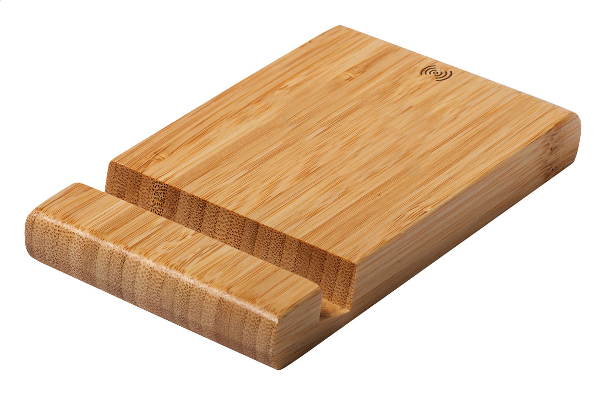 Soporte móvil de bambú con cargador inalámbrico - Calatorao impreso con logotipo