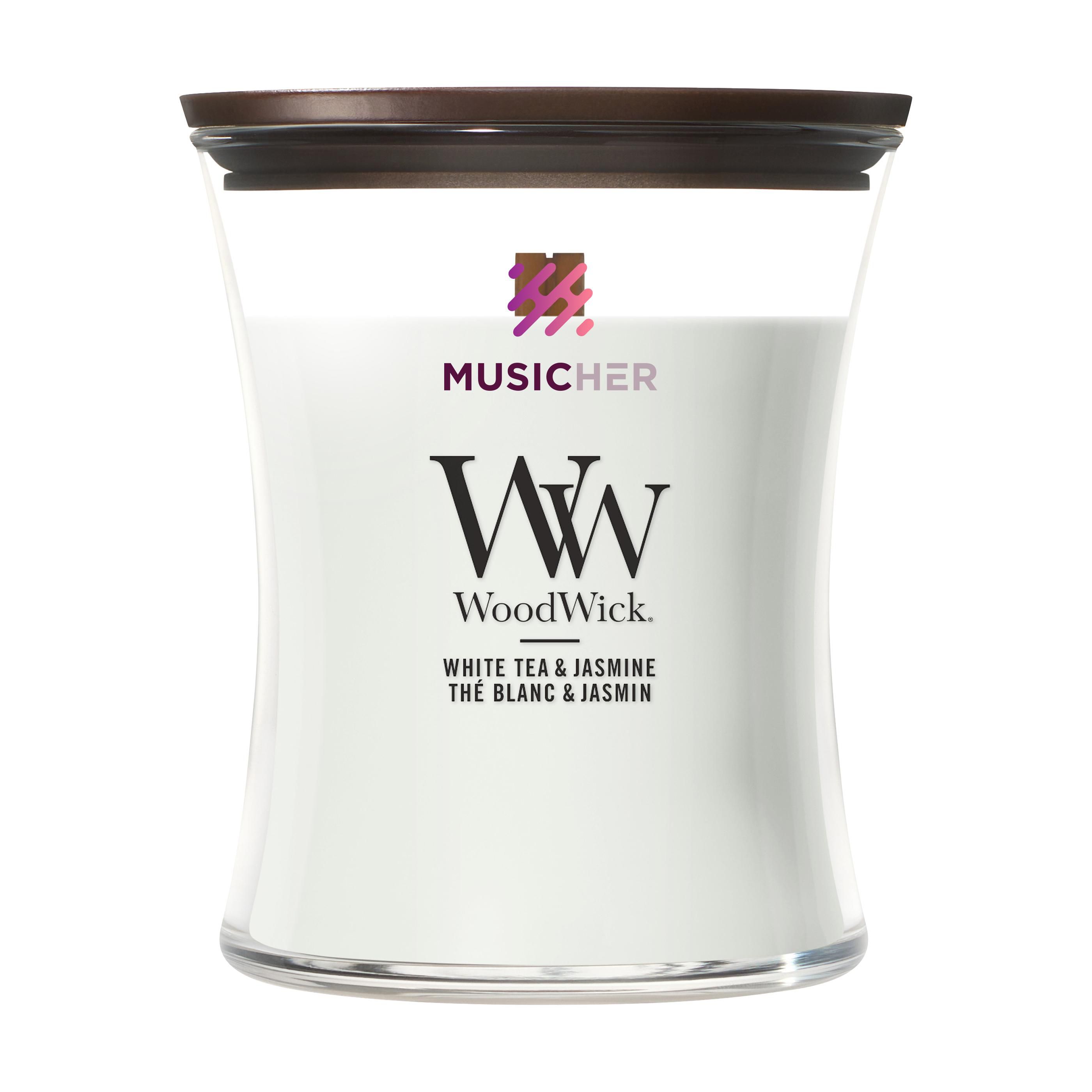 Vela aromática WoodWick Té Blanco y Jazmín Mediana