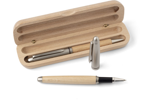 Set de escritura de madera de haya y metal con bolígrafo y pluma roller - Llubí