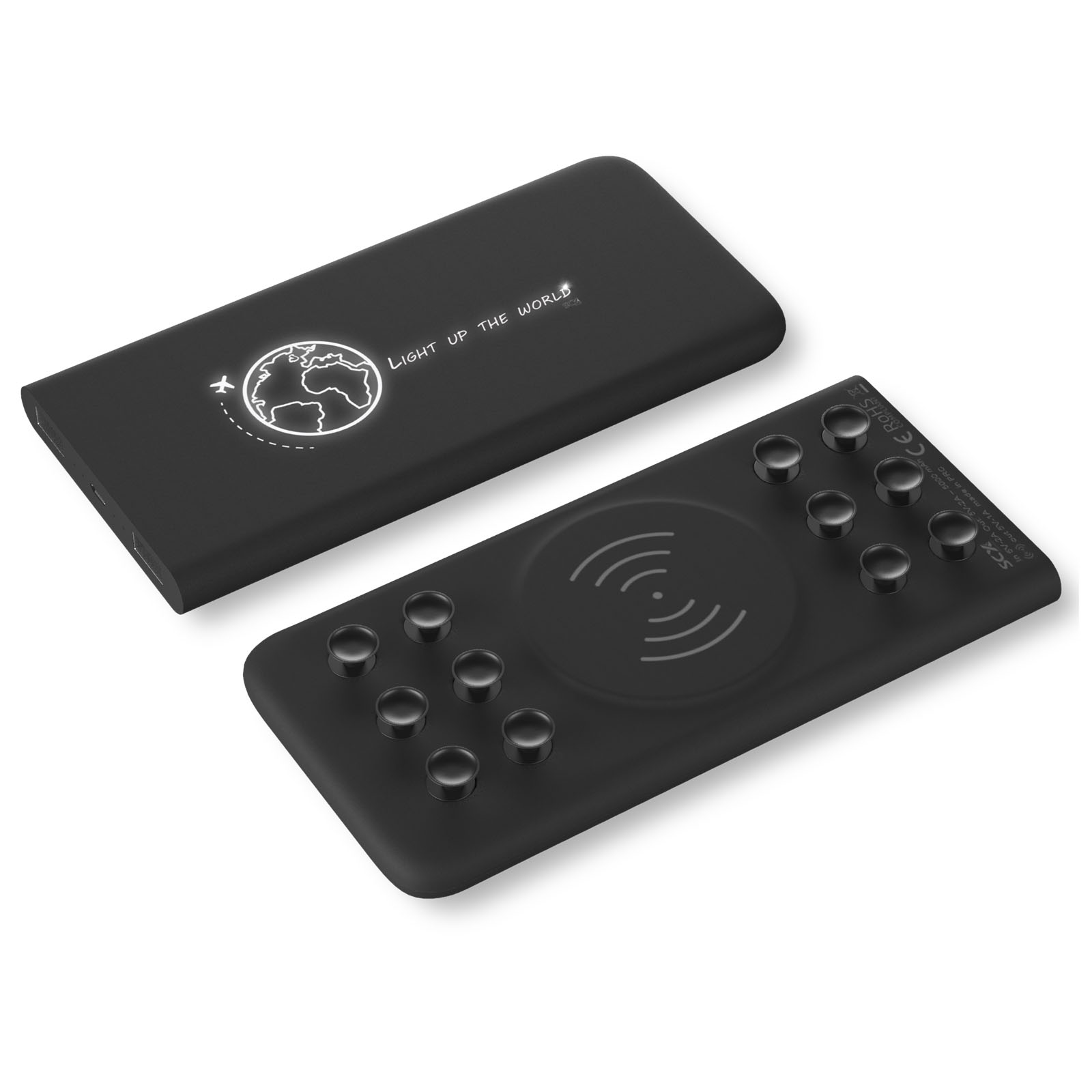 Batería externa inalámbrica con logotipo luminoso de 5000 mAh, con cable de plástico PET reciclado 3 en 1 y tratamiento antibacteriano - Hinojares