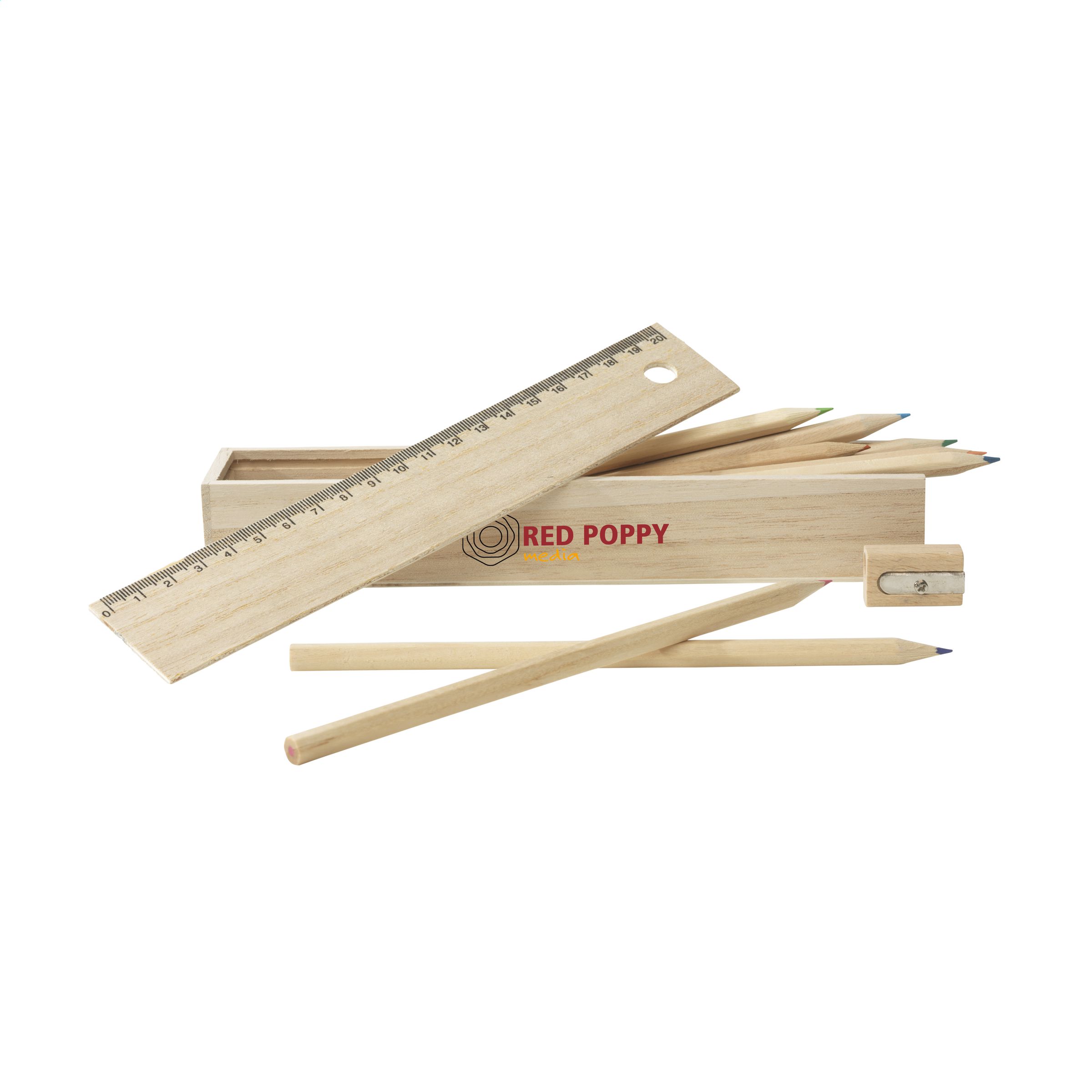 Caja de Almacenamiento de Madera con Lápices de Colores y Sacapuntas - Ocaña