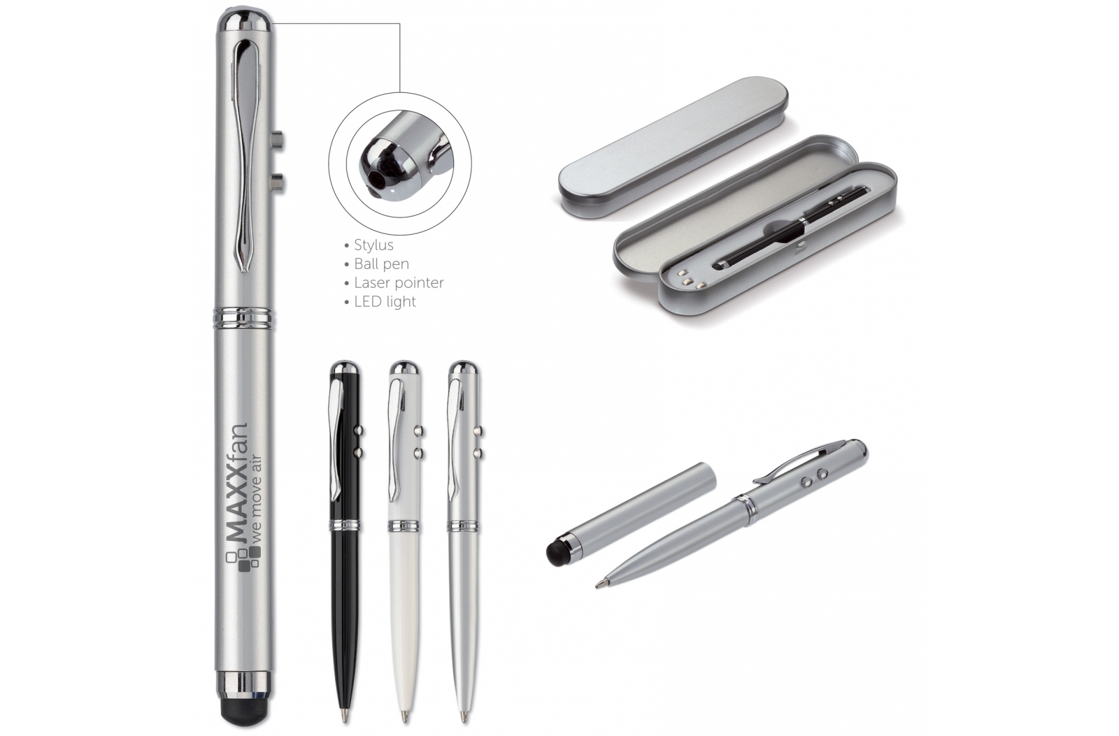 Bolígrafo metálico 4 en 1 con puntero láser, stylus y luz LED - Matadepera