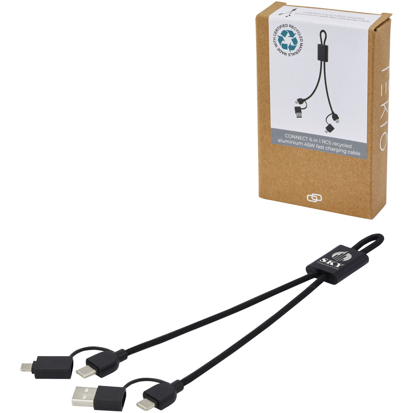 Conexión Rápida 6-en-1: Cable de Carga y Transferencia de Datos de Aluminio Reciclado - Pruna impreso con logotipo