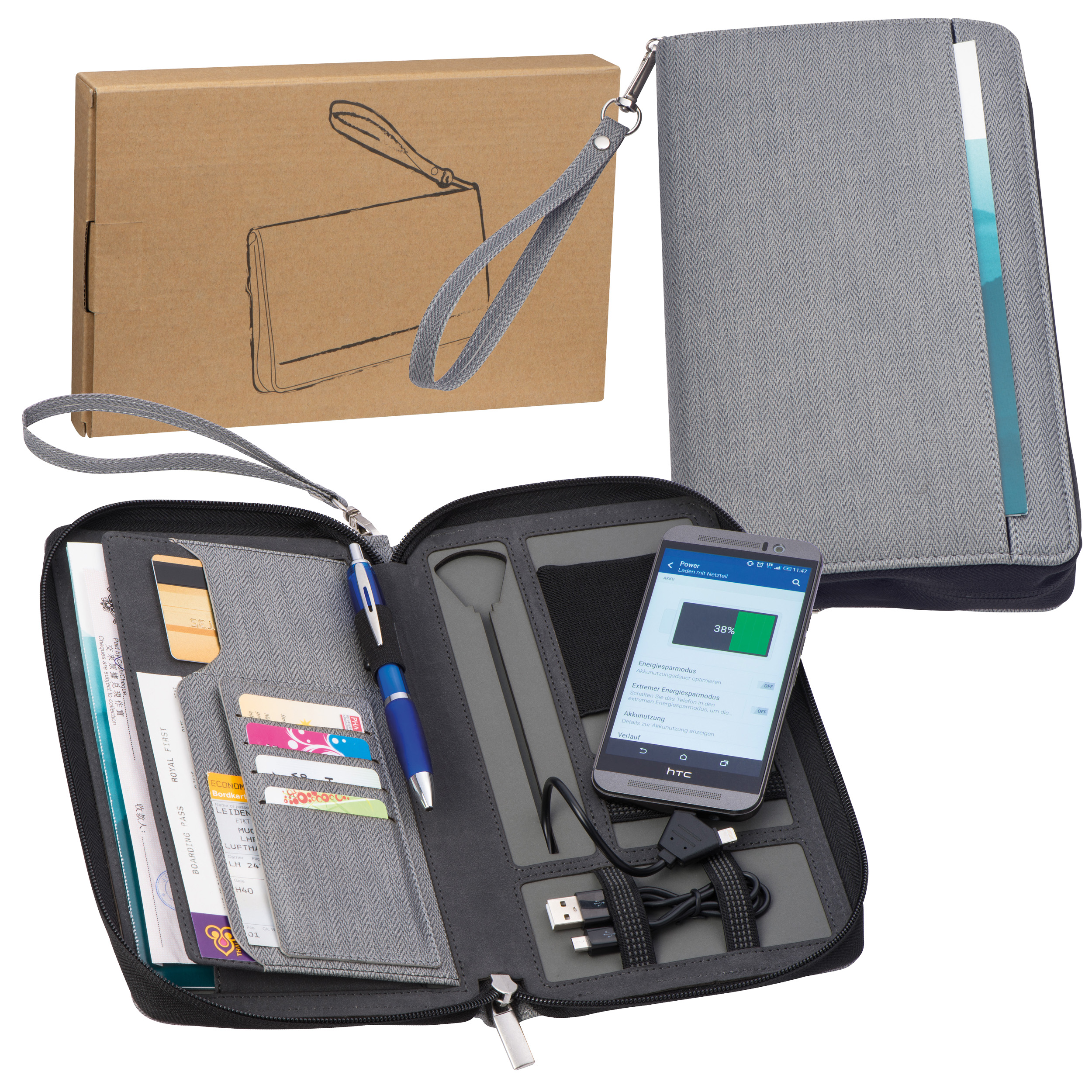 Carpeta de documentos hecha de cuero aglomerado con batería externa, con impresión de logotipo - Birstall - Algarrobo