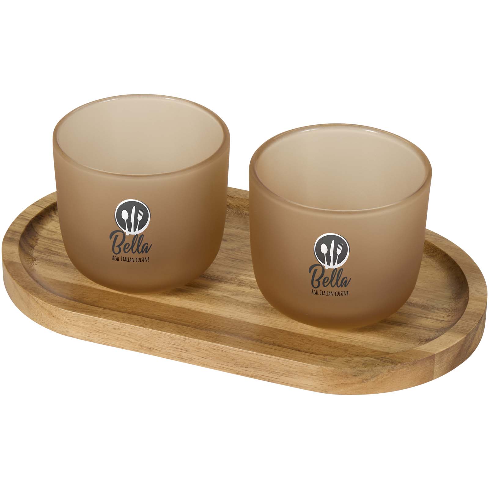 Conjunto Elegante de Bandeja de Madera y Vasos de Vidrio - As Somozas impreso con logotipo