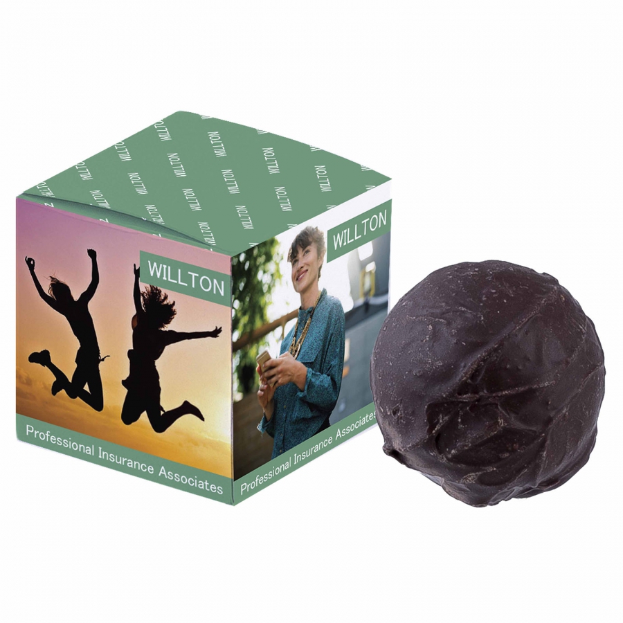 Una caja impresa a todo color que contiene 1 bola de leche con chocolate (porción individual) - Lower Slaughter - La Nucía