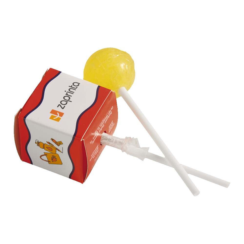 Piruleta de sabor a frutas surtidas en caja cuadrada blanca - Castellar del Riu
