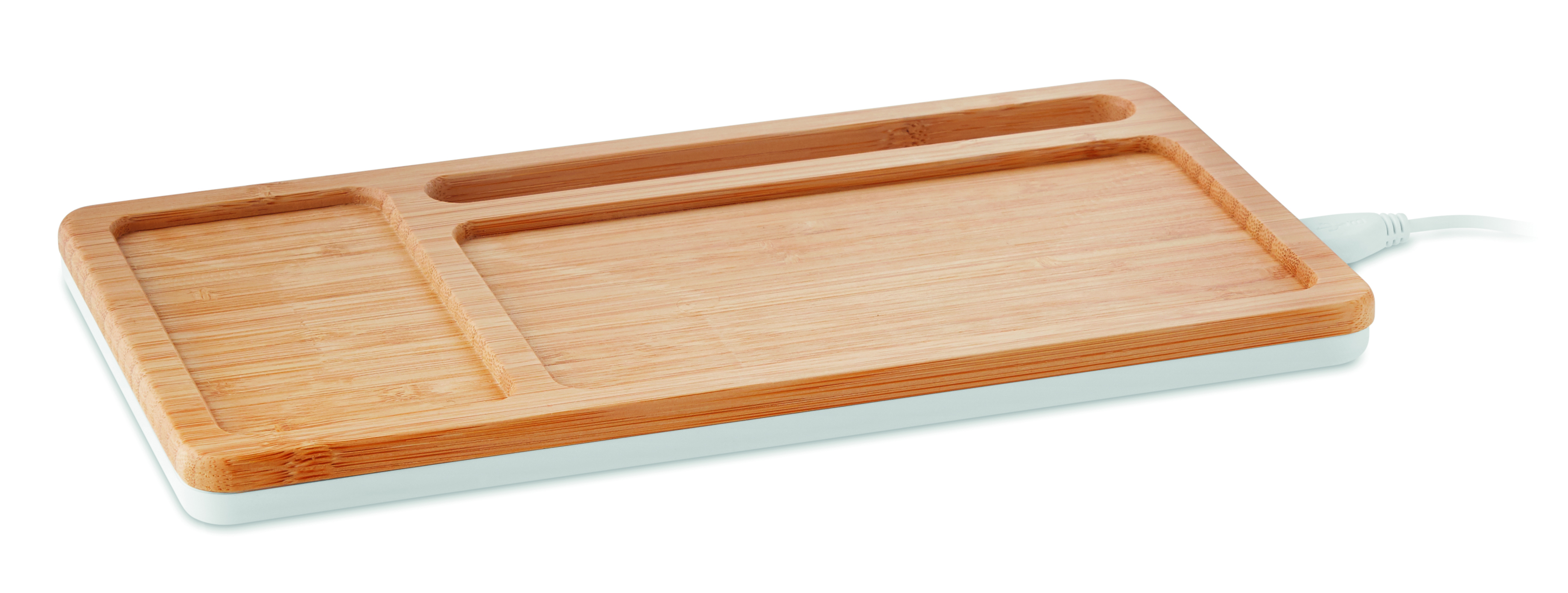 Caja de almacenamiento con cargador inalámbrico de bambú en la parte superior y hub USB - Porzuna