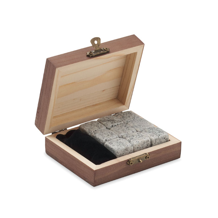 Cubos de hielo de piedra reutilizables en caja de madera - Alcubierre