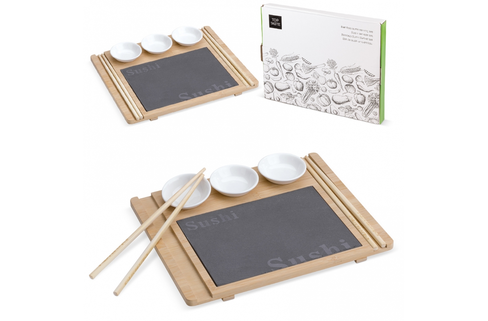 Conjunto de Tablas de Servir Sushi de Madera para dos personas con incrustaciones de pizarra y tazones de cerámica - Brión