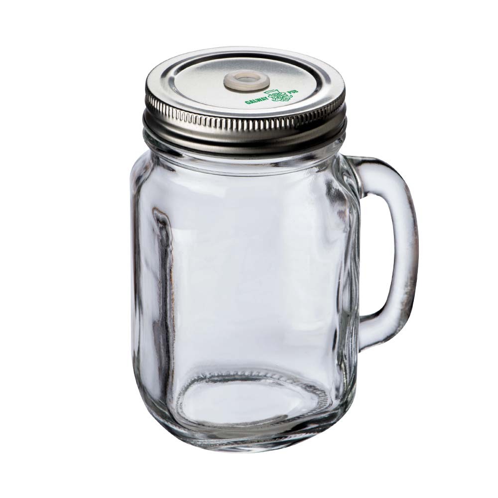 Vaso de vidrio grabado con tapa de rosca de metal y orificio para pajilla 450ml - Eyam - Cetina impreso con logotipo