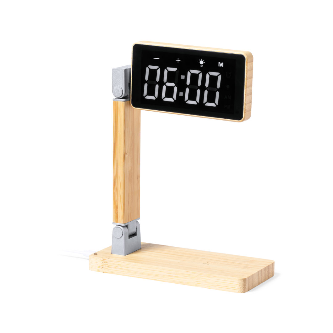 Reloj de bambú multifuncional con cargador inalámbrico y lámpara - Stutton - La Muela