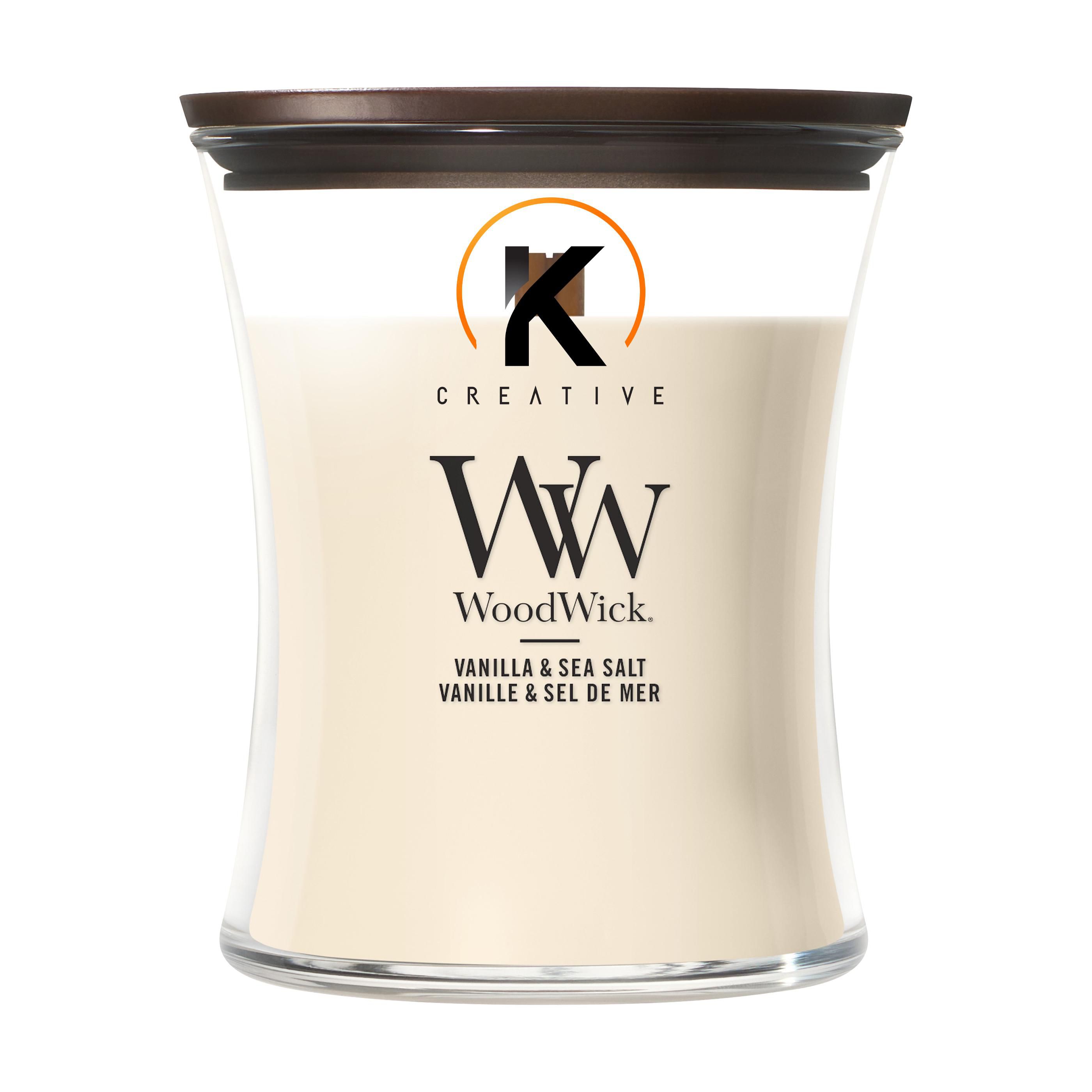 Vela aromática mediana WoodWick Vainilla y Sal Marina