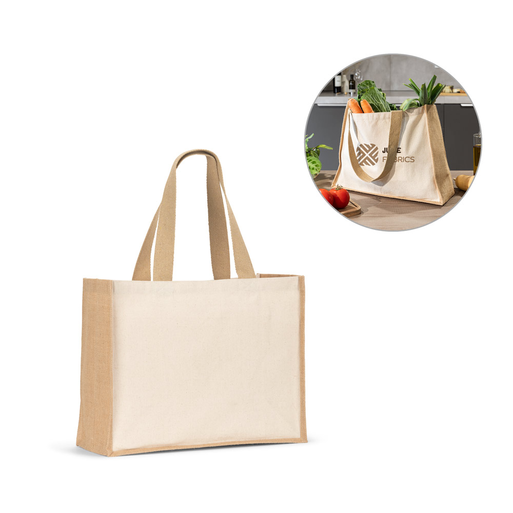HELSINKI. Bolsa de lona (320g/m²), con fondo y laterales de yute laminado (350g/m²) en tonos naturales