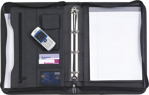 Carpeta de Conferencia de Cuero Adherido con Cremallera, Bloc de Notas, Bolsillos, Asa de Transporte y Placa de Grabado de Metal - San Fernando