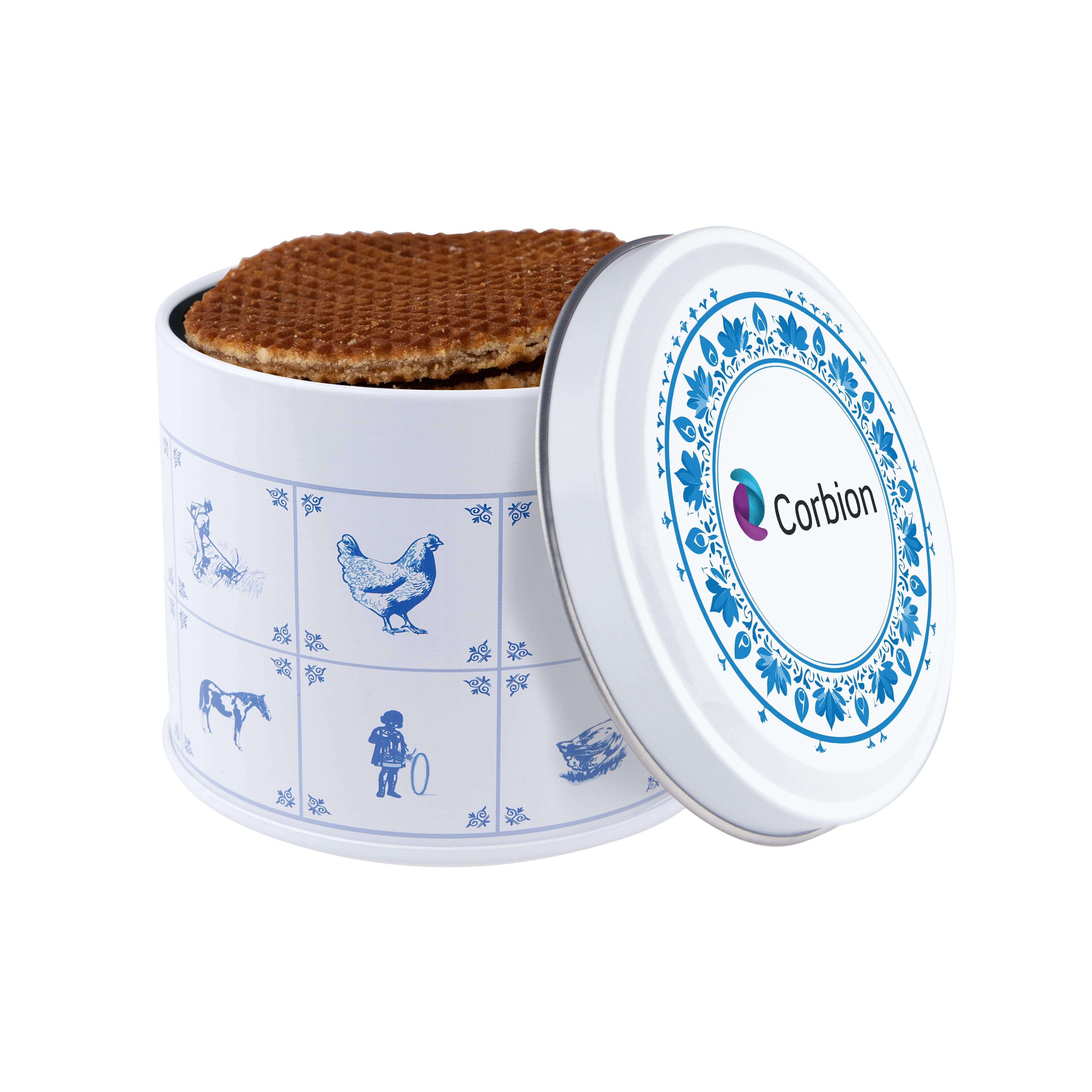Lata Azul Delft con Galletas de Sirope - Alhama de Aragón impreso con logotipo
