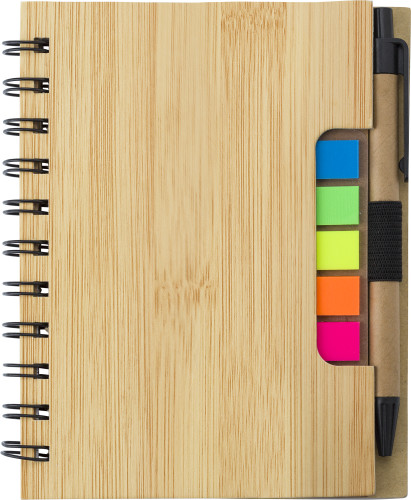 Cuaderno con encuadernación de alambre con apariencia de bambú, con notas adhesivas y bolígrafo - Girona 