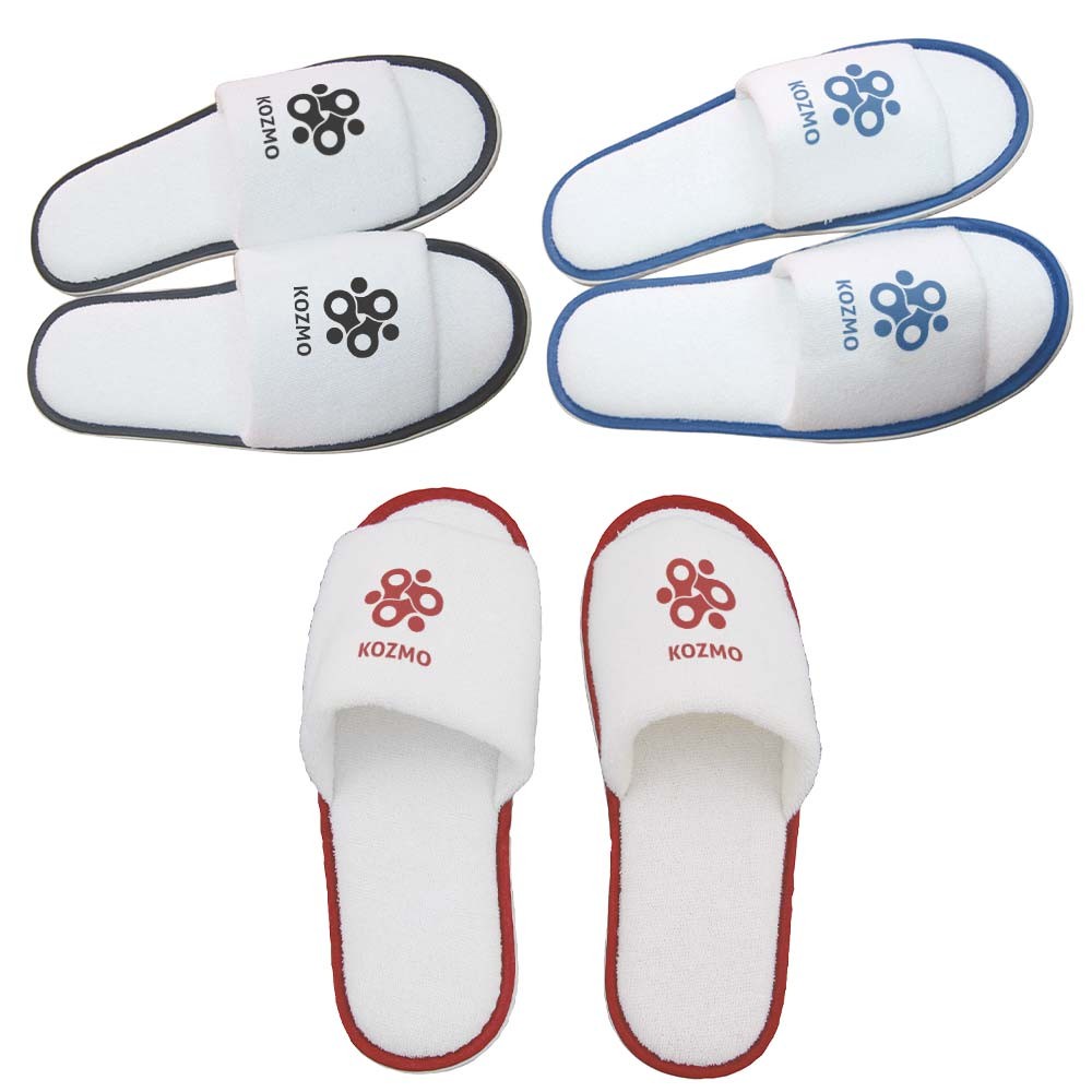 Zapatillas blancas de rizo con punta abierta, banda de color y suela EVA - Osso de Cinca
