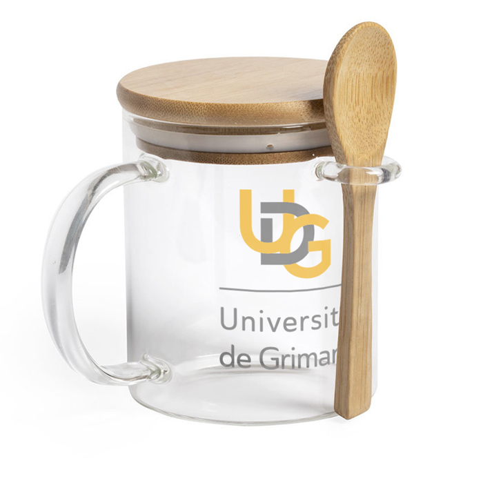 Taza de Vidrio de Borosilicato de la Línea Natural con Tapa de Bambú y Cuchara 420ml- Estepa