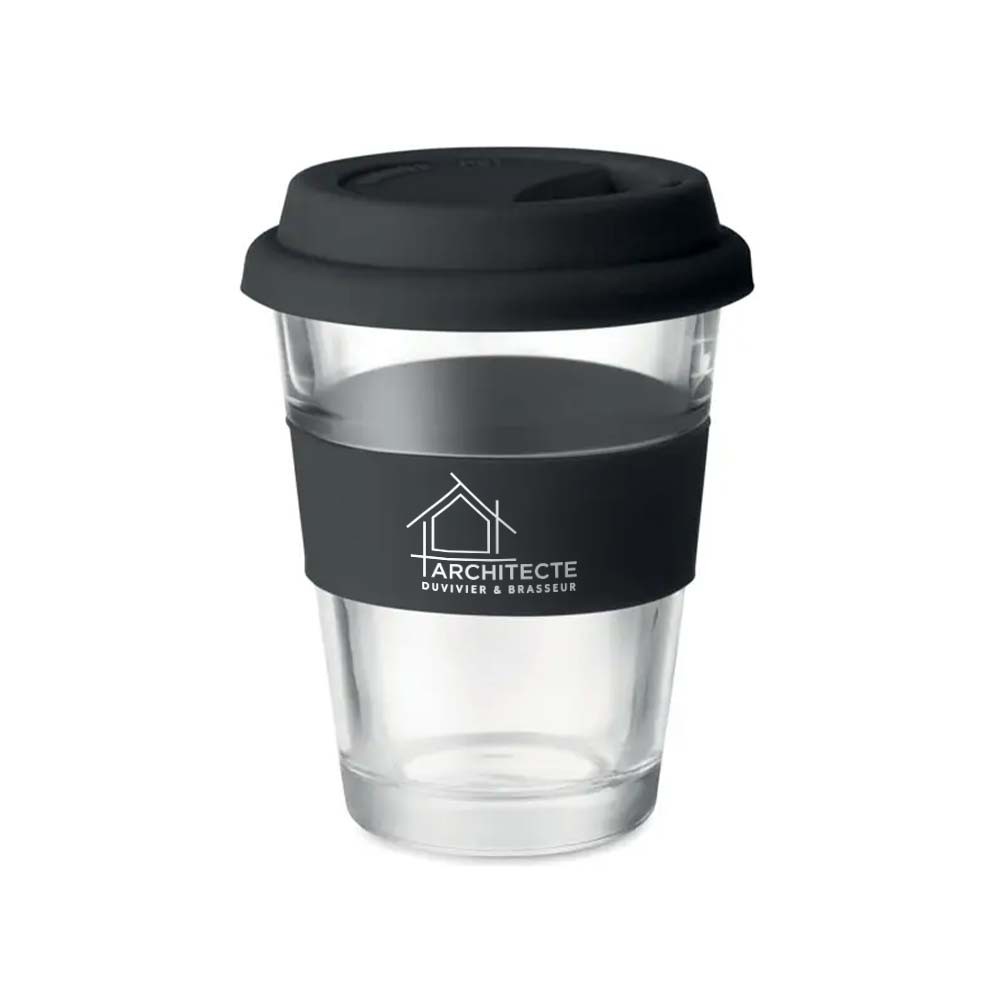 Vaso de Vidrio con Tapa de Silicona 350ml - Mequinenza impreso con logotipo
